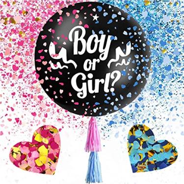 Imagem de Kit de decoração para festa com balão revelador de gênero de bebê, pacote com 2 balões pretos de 91 cm, pacotes de confetes em formato de coração rosa e azul, borlas rosa e azul, chá de menino ou menina ideias de revelação de gênero