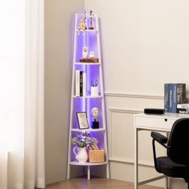 Imagem de Yoobure Suporte de prateleira de canto, estante de canto de 5 camadas com prateleiras de canto com luz LED para quarto, prateleira de canto alta com moldura de aço, prateleiras de livros para sala de