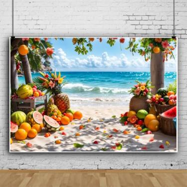 Imagem de Pano de fundo de praia tropical de 3,7 x 2,4 m para fotografia, frutas frescas, flores havaianas, chá de bebê, aniversário, verão, decoração de festa temática de praia, adereços de cabine de fotos
