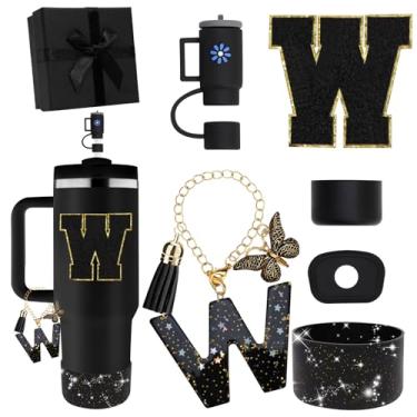 Imagem de Miglaja Acessórios pretos para copos Stanley 850.5 g 1,134.0 g, todos os acessórios caixa de presente contêm topo de palha de flor, bota de silicone, adesivos de letras e pingentes, conjunto de tampa