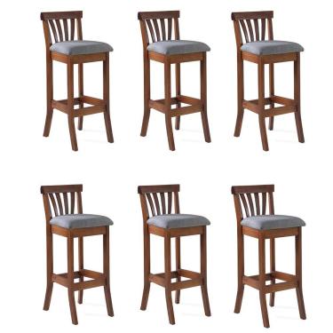 Imagem de Kit 6 Banquetas Alta Bakeri Linho Cinza/Imbuia