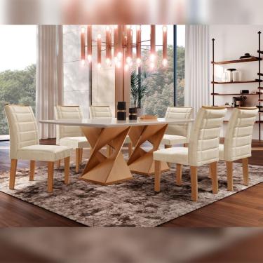 Imagem de Conjunto Sala De Jantar Genova Tampo Vidro/Mdf Com 6 Cadeiras Genova Smart Plus Cel Móveis Cinamomo/Off White/Bege