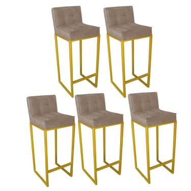 Imagem de Kit 05 Banqueta Alta Linne Com Encosto Cozinha Bar Balcão Bistrô Ferro Dourado Suede Bege