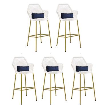 Imagem de Kit 05 Banqueta Alta Sttar Ferro Dourado Fibra Branco Almofada Sintético Azul Marinho