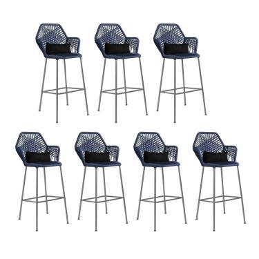 Imagem de Kit 07 Banqueta Alta Com Encosto Sttar Ferro Prata Fibra Azul Marinho Almofada Suede Preto