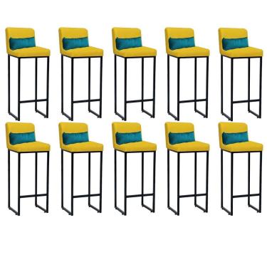 Imagem de Kit 10 Banqueta Alta Com Encosto Balcão Ferro Preto Suede Amarelo E Almofada Azul Turquesa