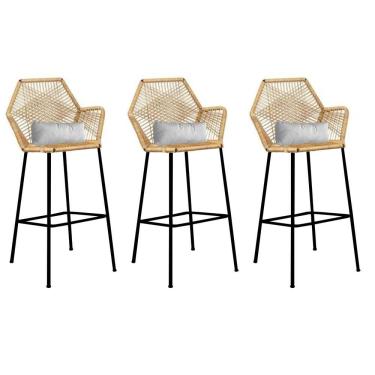 Imagem de Kit 03 Banqueta Alta Sttar Ferro Preto Fibra Palha Almofada Corino Branco