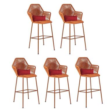 Imagem de Kit 05 Banqueta Alta Sttar Ferro Bronze Fibra Terracota Almofada Sintético Vermelho