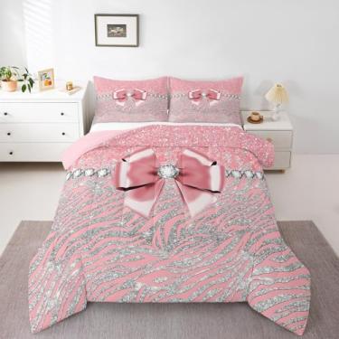 Imagem de Feelyou Conjunto de edredom com laço para meninas, meninos, crianças, tamanho rosa, glitter (sem glitter), decorativo, diamante, estilo princesa sonhadora, zebra, conjunto de edredom com laço, 2 peças