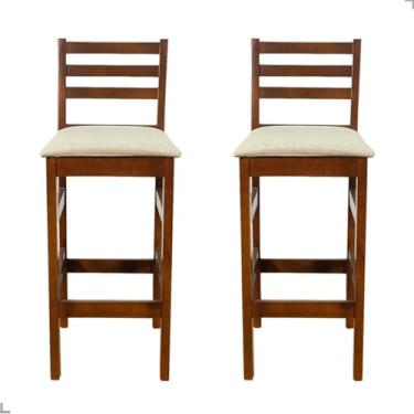 Imagem de Kit 2 Banquetas Bistrô 70cm em Madeira Maciça com Assento Estofado em Linho, Confortável e Sofisticada, para Cozinha, Área Gourmet e Balcão (Linho Bege)