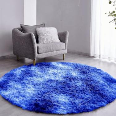 Imagem de Tapete Sala Felpudo Peludo Mesclado Azul Redondo 100 Cm
