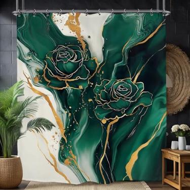 Imagem de Yookeb Cortina de chuveiro de banheiro mármore verde esmeralda 152 cm por 188 cm rosa abstrata moderna arte contemporânea tecido poliéster 12 ganchos de plástico à prova d'água decoração