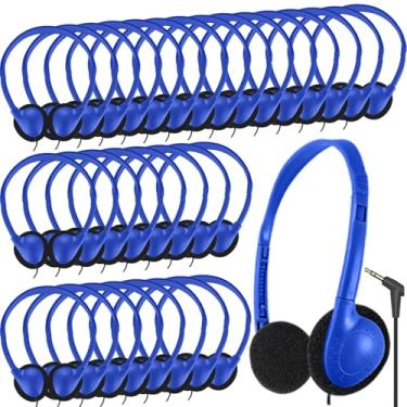 Imagem de Ladont Pacote com 50 fones de ouvido a granel para sala de aula, crianças, estudantes, fones de ouvido com fio para laptop Chromebook, atacado a granel, som estéreo HQ, conector de 3,5 mm (azul)