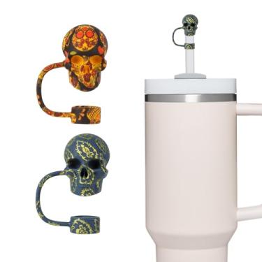Imagem de Pacote com 2 topos de canudo de caveira para copo Stanley 30 e 1,134 g, acessórios de copo de água, tampa de palha 3D reutilizável à prova de poeira, presente Hollaween (cinza e amarelo)