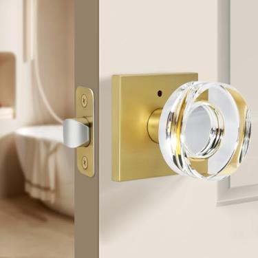Imagem de Moquin Maçaneta de porta de vidro de privacidade com botão de privacidade, maçaneta de porta de cristal interior vintage, maçaneta de cristal redonda de latão acetinado sem chave para banheiro/quarto