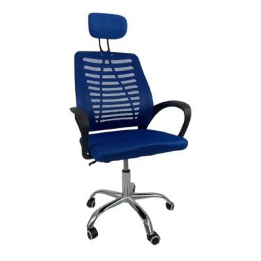 Imagem de Cadeira de escritório tecido de malha suporte de pescoço traseiro ergonômico confortável ajustável cadeira de escritório de volta para o trabalho em casa(Preto Azul)