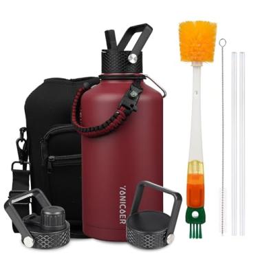 Imagem de YONICOER Garrafa de água isolada de 2,5 g, aço inoxidável a vácuo de parede tripla (pode ser lavada na lava-louças), à prova de vazamento e não BPA, jarro com alça de paracord e tampas de bico de