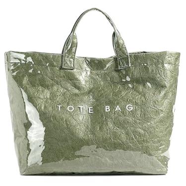 Imagem de hibear Sacola feminina de PVC para trabalho com impressão de letras, bolsa de plástico transparente, bolsa grande de papel kraft, bolsa Hobo de cor sólida, Verde - B