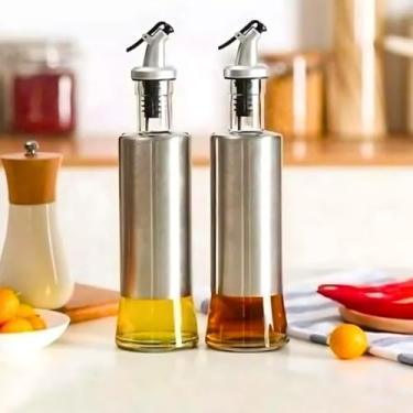 Imagem de Kit 2 Galheteiros para Azeite e Vinagre em Aço Inox e Vidro, 300ml, Bico Dosador, 25 x 6 cm