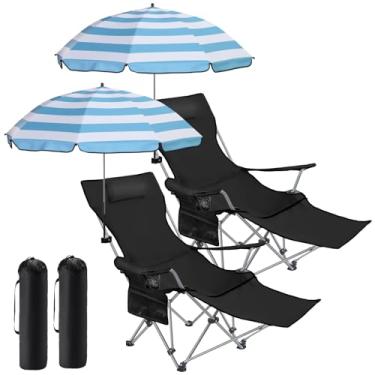 Imagem de Karenhi Conjunto de 2 cadeiras de acampamento de praia com guarda-chuva para adultos, cadeira de acampamento reclinável dobrável com apoio para os pés, braçadeira ajustável, toldo para uso ao ar livre