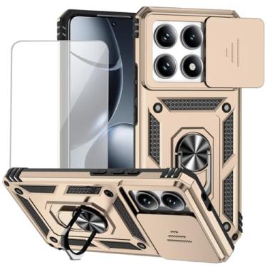 Imagem de Yodueiv Capa para Xiaomi 14T Pro com protetor de tela de vidro temperado e capa de câmera deslizante, anel magnético suporte de carro capa protetora para Xiaomi 14T Pro 5G Gold