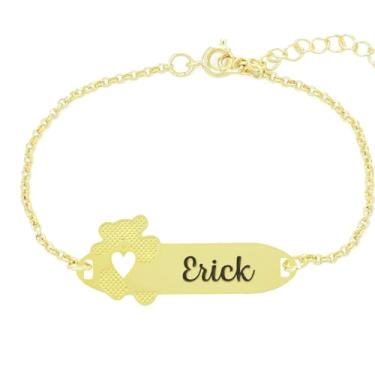 Imagem de Pulseira Personalizada Ursinho Coração Nome Erick Banhado Ouro 18K - 999017028