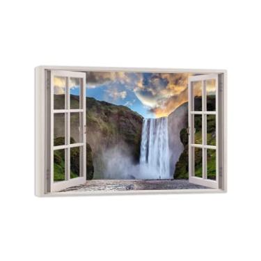 Imagem de Quadro Parede Janela Falsa-Impressões em Tela Paisagens-Waterfall Sunset-Natureza Arte Pinturas Decoração Sala de Estar 50x70cm-19x27in Tela Embrulhada
