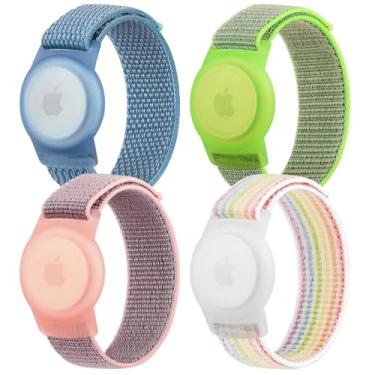 Imagem de Pacote com 4 pulseiras de nylon para crianças, airtag de nylon macio para Apple AirTag, pulseira ajustável antiperda para bebês, meninos e meninas, idosos (azul/verde/arco-íris)