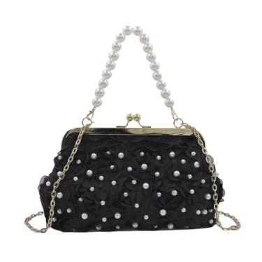 Imagem de RARITYUS Bolsa feminina floral 3D para noite com pulseira de pérola, elegante bolsa transversal de pétala de rosa bolsa clutch bolsa de mão, Preto, One Size