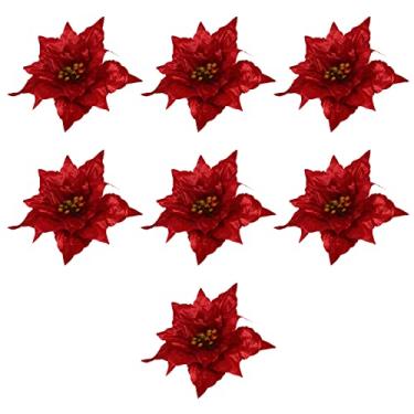 Imagem de SEWACC 7 flores de Natal com glitter, flores artificiais de guirlanda de Natal, vermelho, 13 cm, decoração de férias