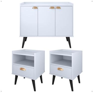 Imagem de Kit 2 Mesinhas Lateral Cama Mesa Cabeceira Quarto Nicho Aparador Buffet Puxador Concha Cantinho Café Pés Palito - Lojas RPM