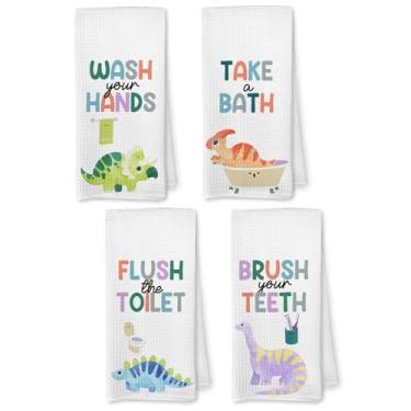 Imagem de VRW Toalhas de mão engraçadas de dinossauros infantis para banheiro, toalha de mão engraçada para decoração de banheiro, toalhas de dinossauro, presentes para meninos, 40 x 61 cm, conjunto de 4