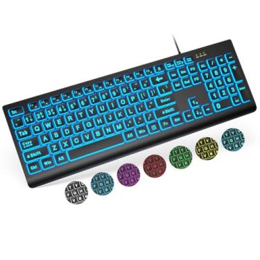 Imagem de SABLUTE Teclado retroiluminado de impressão grande, teclado de computador com iluminação USB com fio com 7 cores e 4 modos de retroiluminação, teclas de letras grandes fáceis de ver