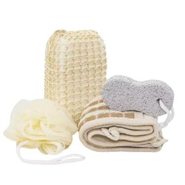 Imagem de Kit Spa Banho 4 Peças com Esponja, Pedra Pomes e Toalha Esfoliante - G