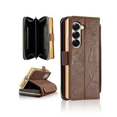 Imagem de Capa para Samsung Galaxy Z Fold 6 com suporte para caneta S – Capa carteira RFID com compartimentos para cartões e dinheiro, suporte, fecho magnético, vidro temperado e alça de pulso (marrom, Samsung