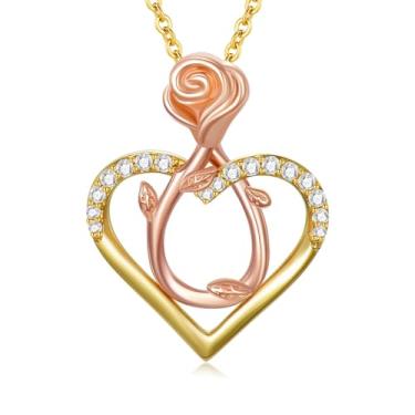 Imagem de UXQ Colares femininos de ouro maciço 14K com flor de rosa/girassol com pingente de coração, joia de amor, luz do sol, presente de aniversário de aniversário para mulheres, esposa, namorada, mãe