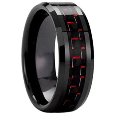 Imagem de AZYOUNG Anel de carboneto de tungstênio de fibra de carbono preto vermelho Aliança de casamento feminina - 8 mm