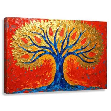 Imagem de Árvore da Vida Arte de Parede Impressão em Tela Decoração Abraço da Vida Folhas Douradas Fotos Galhos Azuis 60x40cmx1