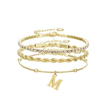 Imagem de Pulseiras de ouro para mulheres – Conjunto de joias de pilha de pulseiras de ouro delicadas com iniciais personalizadas, linda caixa de corda, corrente de corrente, pulseiras de tênis, presentes para