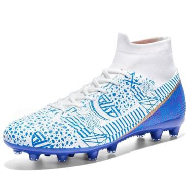 Imagem de changshen Chuteiras de futebol masculinas chuteiras profissionais cano alto respirável atlético futebol botas para homens FG/AG/HG preto/branco esportes spikes tênis, Branco, azul, 6