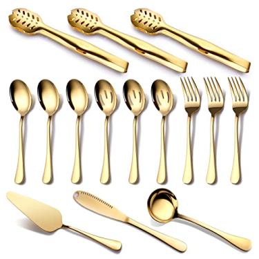 Imagem de O conjunto de utensílios de servir de ouro OGORI com 15 peças de aço inoxidável dourado inclui colheres de servir, colheres de servir, pinças de servir, garfos, faca de manteiga, concha de sopa