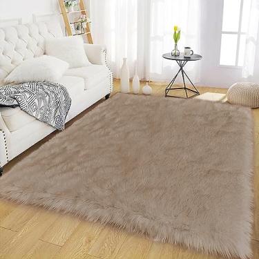 Imagem de Latepis Tapetes felpudos 10 x 15 cm lavável à máquina tapete de pele sintética marrom bege para sala de estar, tapete felpudo de pelúcia para quarto, chão, decoração de casa, retangular