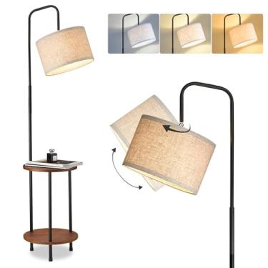 Imagem de ELYONA Luminária de chão moderna com mesa de extremidade, luminária lateral de madeira maciça de 3 cores com persiana de tambor ajustável, luz de leitura rústica para quarto, sala de estar, lâmpada