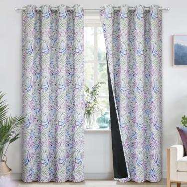 Imagem de SimpleHome Cortinas blackout 100% para quarto, cortinas florais de 213 cm de comprimento, roxo, verde, azul, ilhós, 2 painéis, conjunto de padrões de folhas
