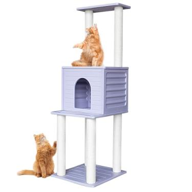 Imagem de MAOHEGOU Torre de árvore para gatos ao ar livre de 156 cm, casa para gatos ao ar livre, condomínio grande à prova de intempéries com postes para arranhar