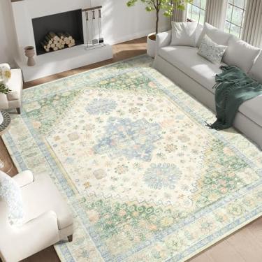 Imagem de MUJOO Tapete de área de 22 x 30,5 cm, tapetes laváveis para sala de estar, quarto, sala de jantar, boho grande, antiderrapante, tapete interno, de pelo baixo, verde claro e azul