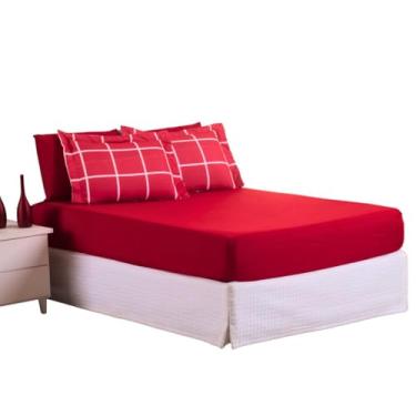 Imagem de Kit Jogo Lençol Roupa Cama Casal Padrao 5 Peças Elastico Fronha Basico Macio 200 Fios Toque Seda Linha Vermelho