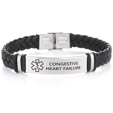 Imagem de DOMYUHAO Pulseira de couro trançado de alerta médico, conscientização de insuficiência cardíaca congestiva, alerta de vida de emergência SOS com identificação de vida de emergência gravada, joia