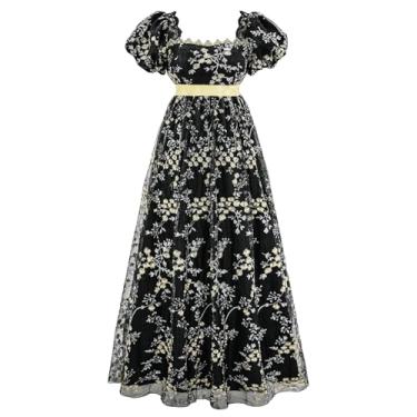 Imagem de Mikan Tsumiki Vestidos Regency para mulheres anos 1800 elegante bordado cintura império, Preto, P