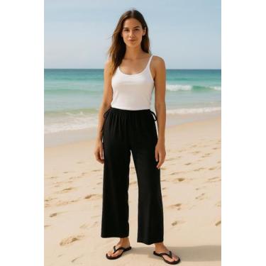 Imagem de Calça Feminina em Viscolinho com Cordão  Preto, Marinho, Rosé e Off Wh